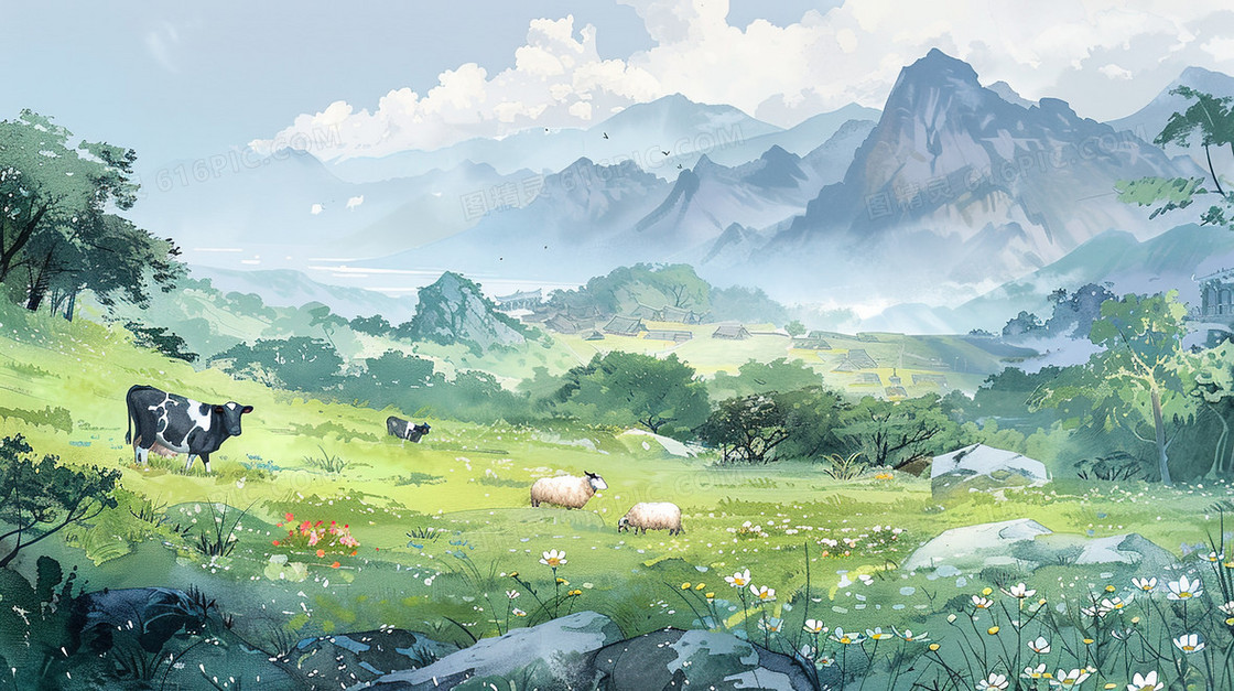 蓝天白云草地上的牛羊插画