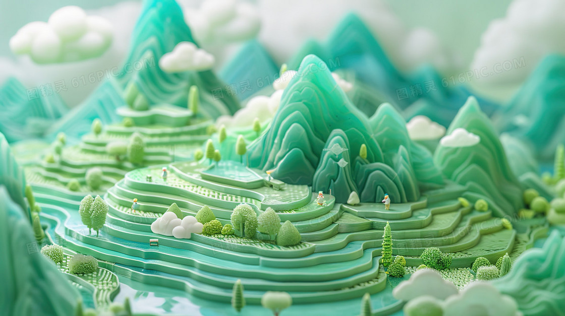 立体青山绿水微缩模型插画