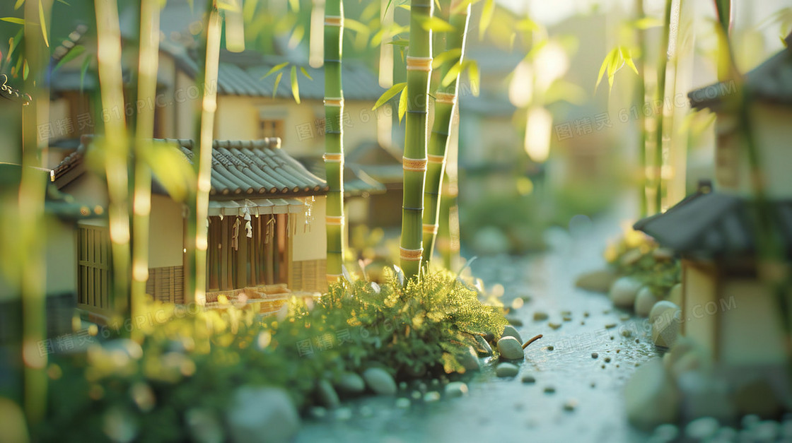 3D立体夏季竹林小屋风景插画