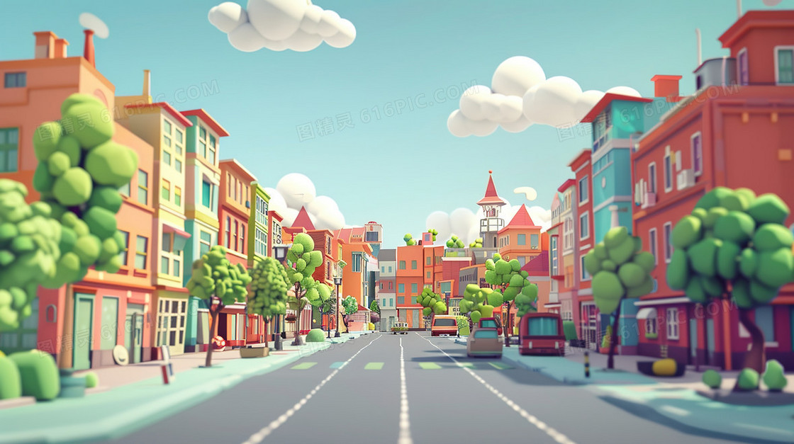 清晨的城市街道风景插画