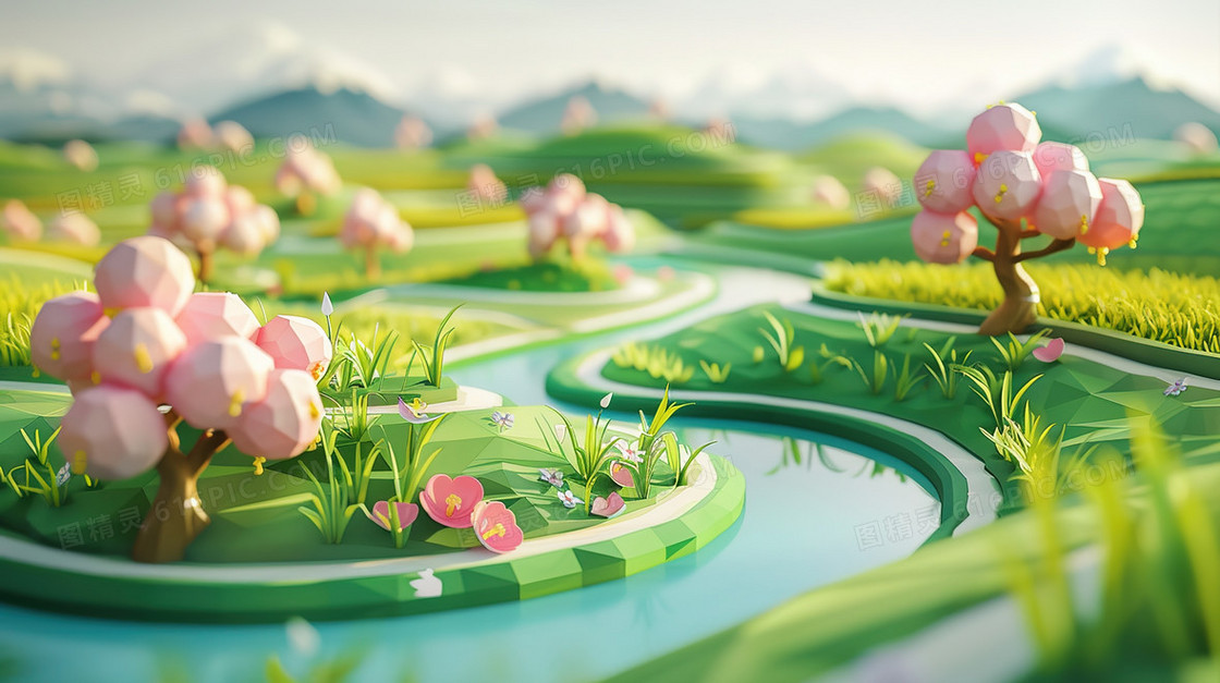 3D立体谷雨时节乡村风景插画