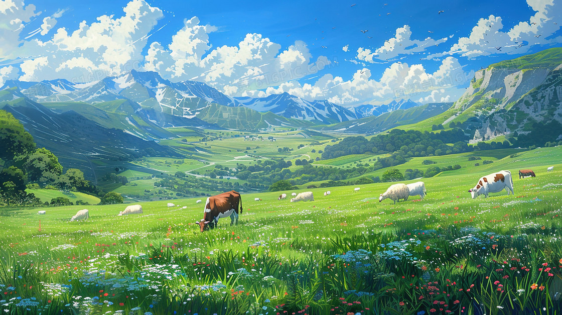 蓝天白云草地上的奶牛插画