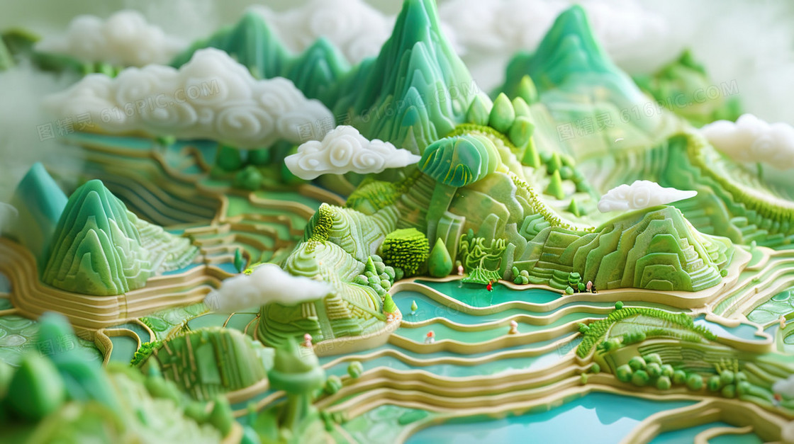 立体青山绿水微缩模型插画