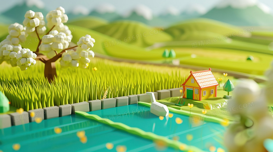 3D立体谷雨时节乡村风景插画