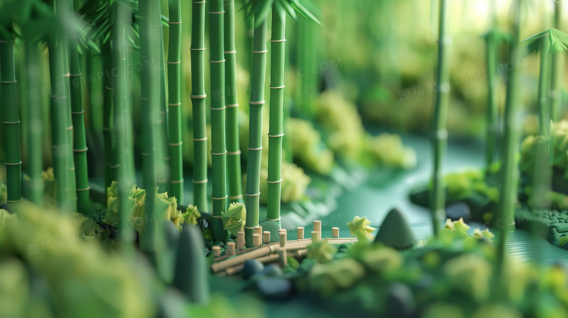 夏季3D立体竹林风景插画