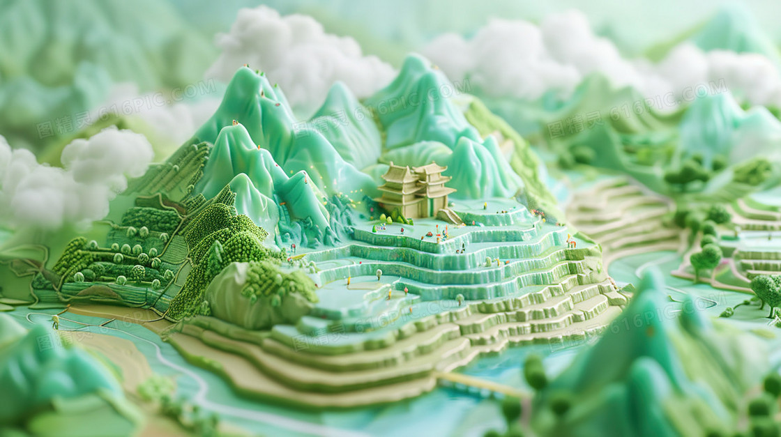 立体青山绿水微缩模型插画
