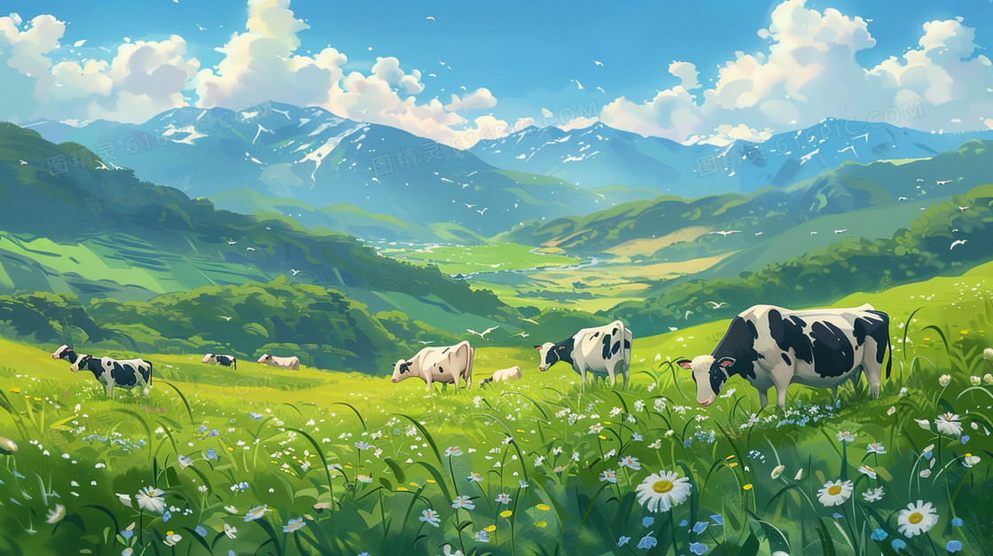 蓝天白云草地上的奶牛插画