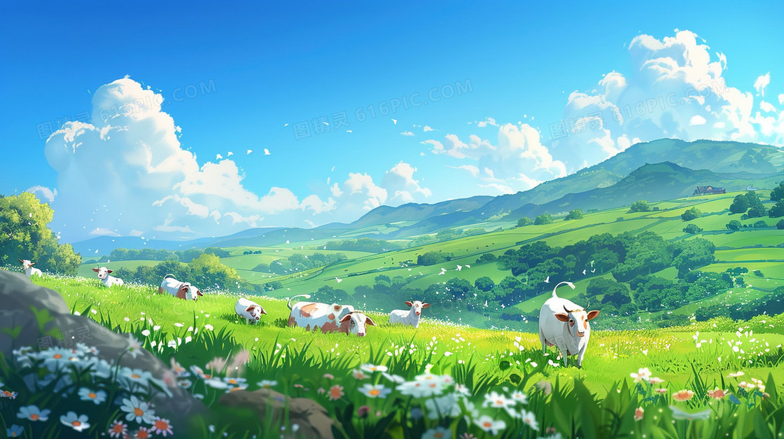 蓝天白云草地上的奶牛插画