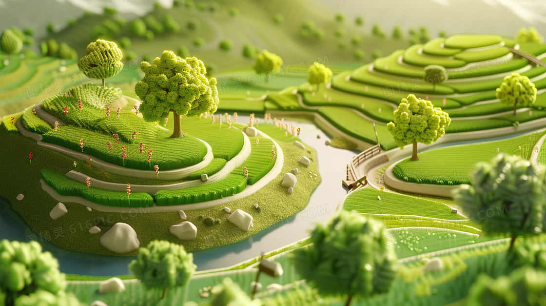 3D立体谷雨时节乡村风景插画