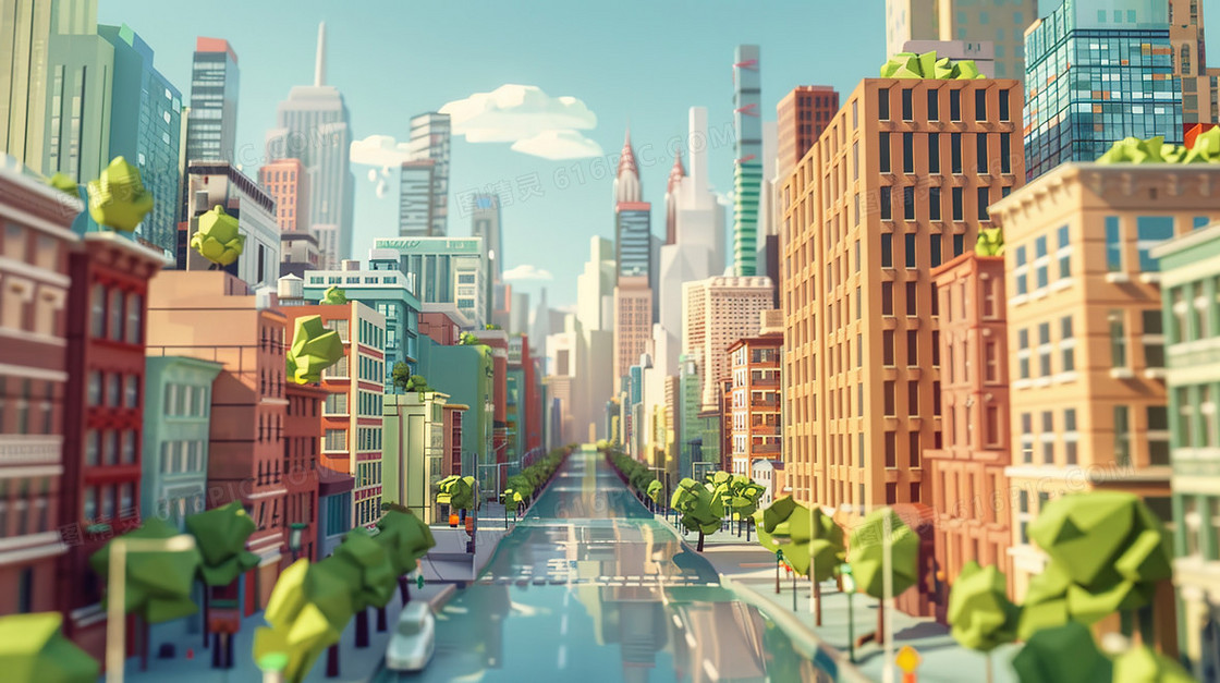 清晨的城市街道风景插画