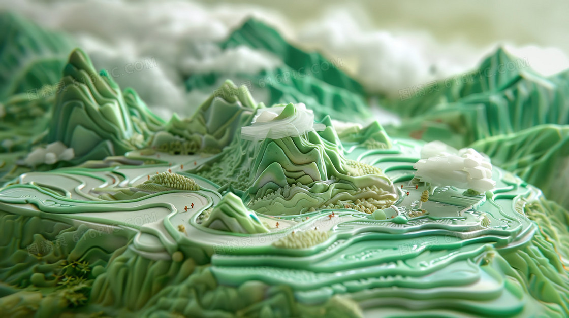 立体青山绿水微缩模型插画