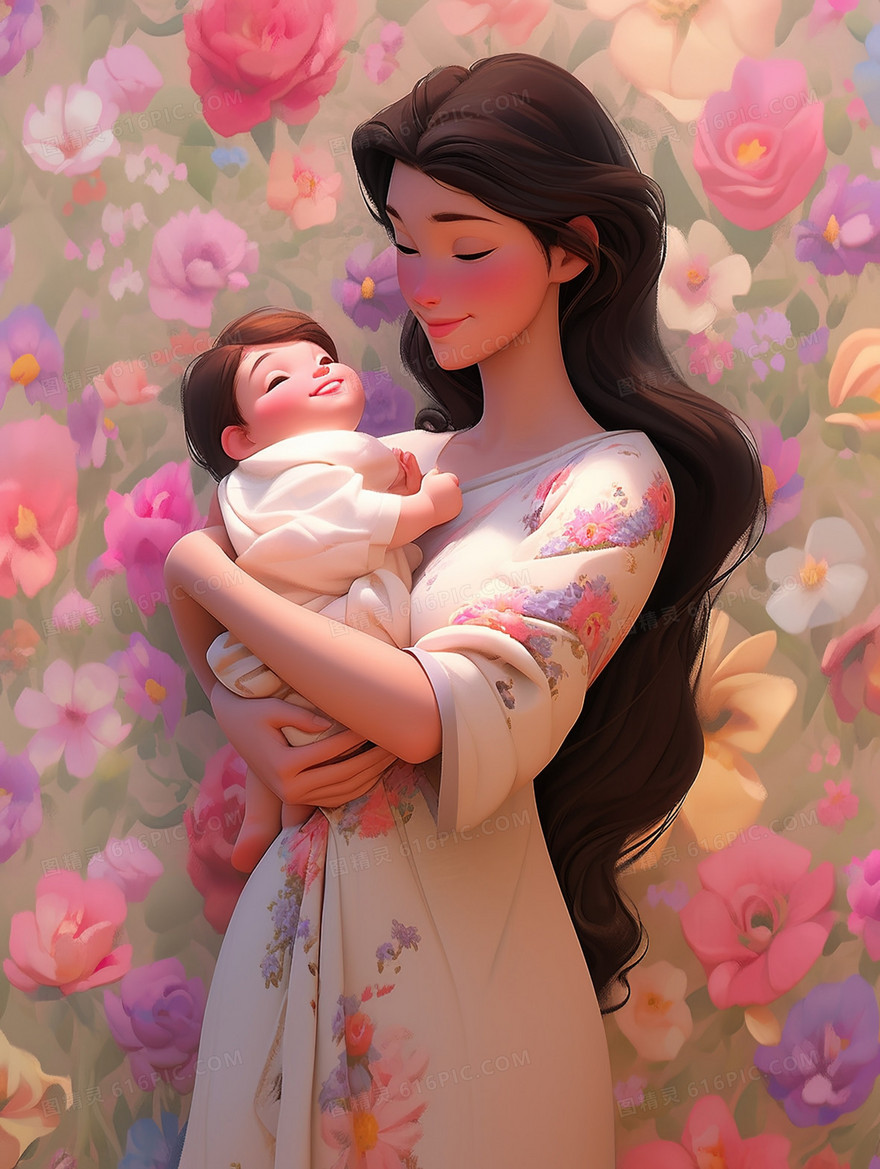 3D立体模型妈妈抱着孩子插画