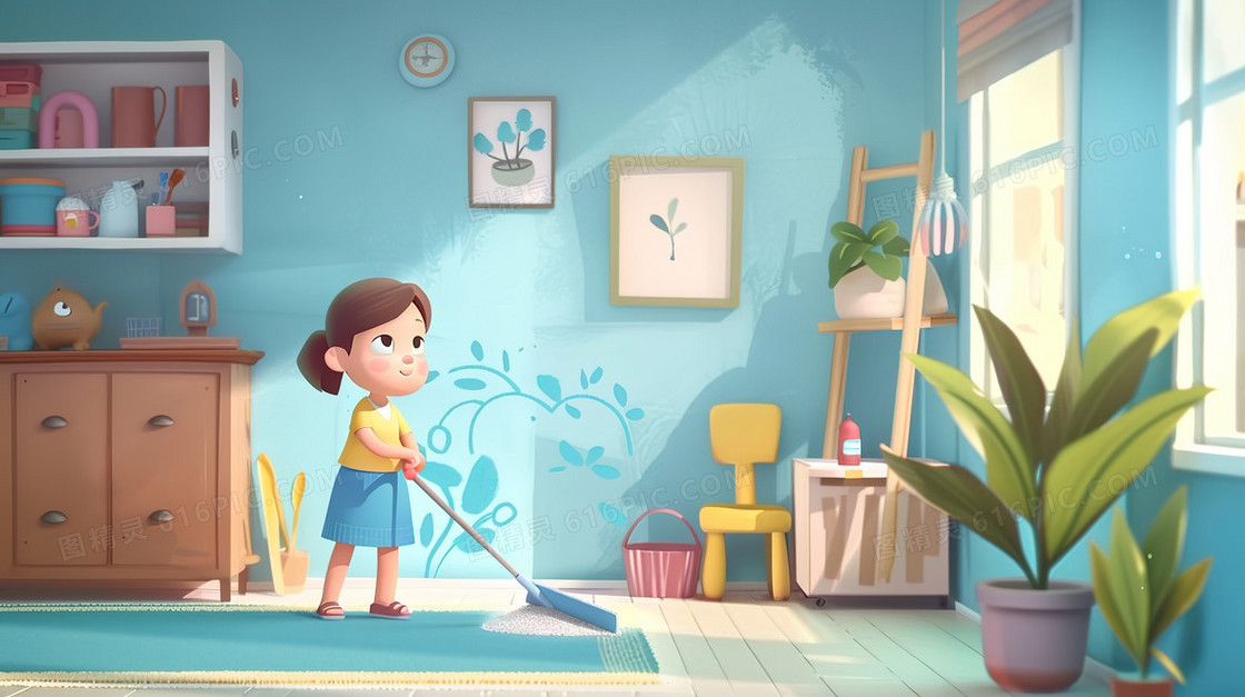 小女孩在家打扫卫生插画