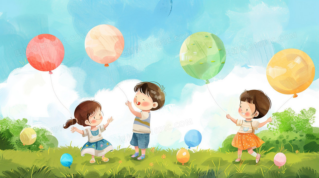 拿着气球在草地玩耍的小孩子插画