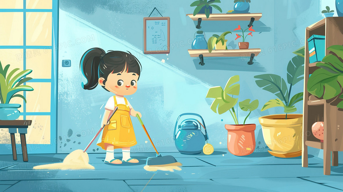 小女孩在家打扫卫生插画