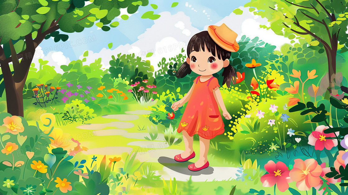 森林草地中的小女孩插画