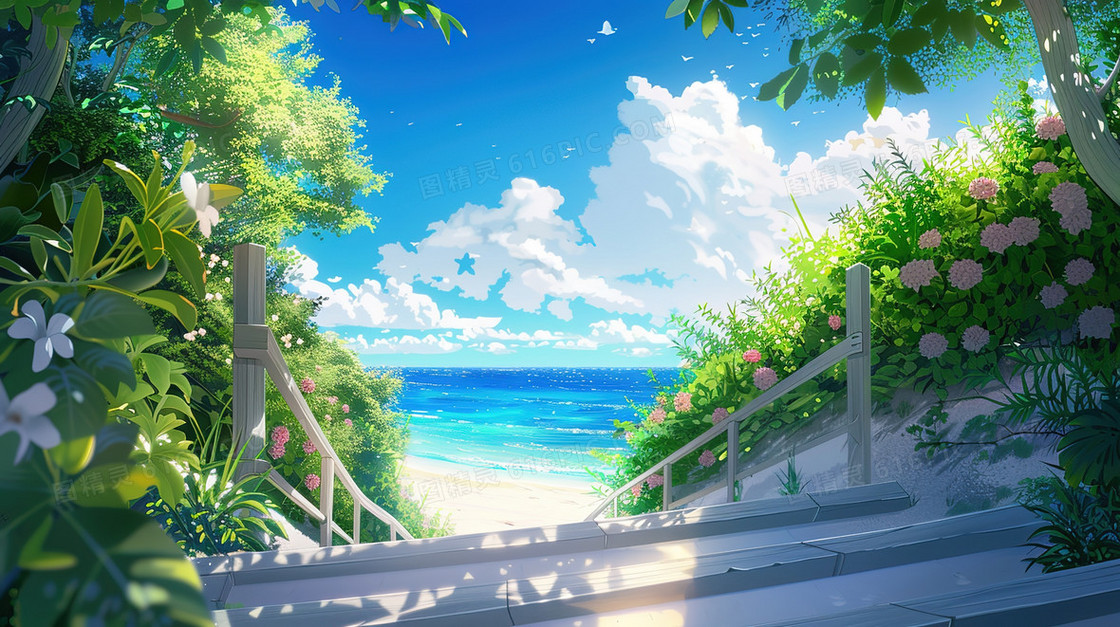 蓝天白云海边台阶风景插画