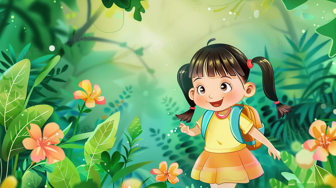 森林草地中的小女孩插画
