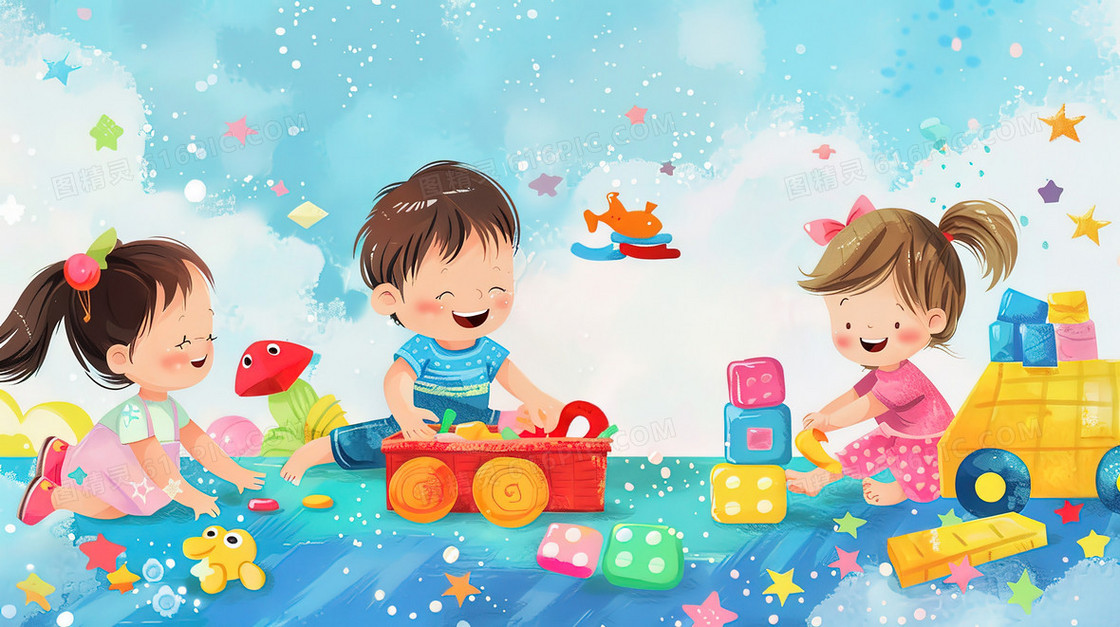 坐地上玩玩具的儿童插画