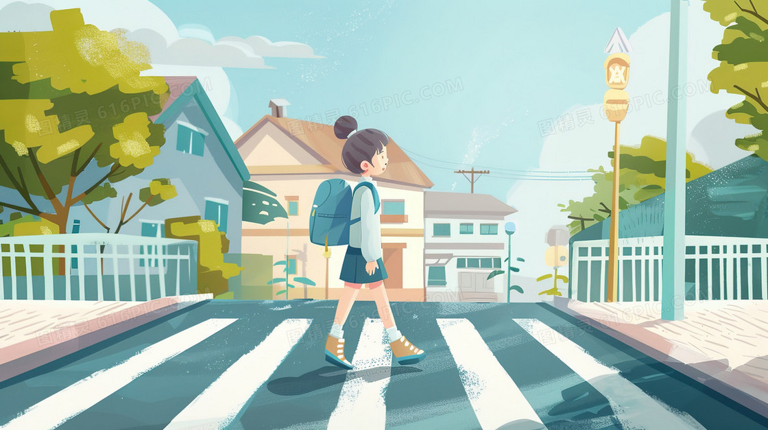 上学过人行横道的小学生插画