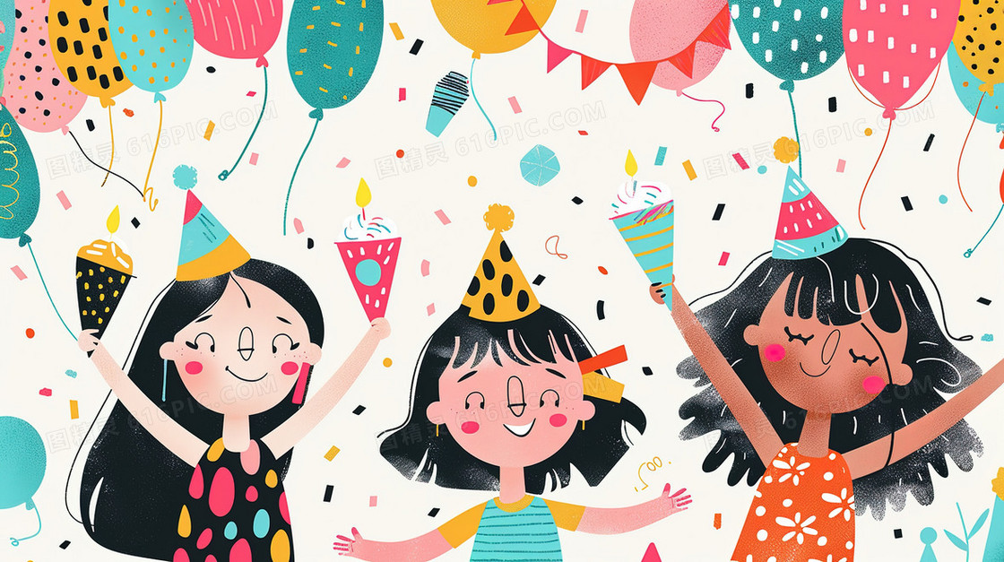 儿童小女孩过生日插画