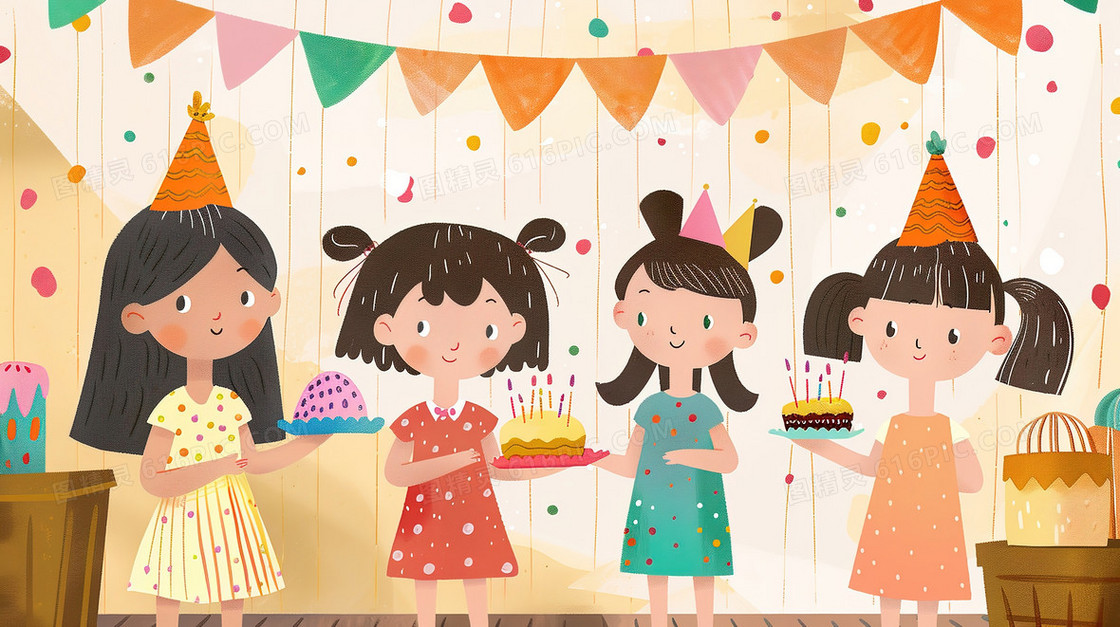 儿童小女孩过生日插画