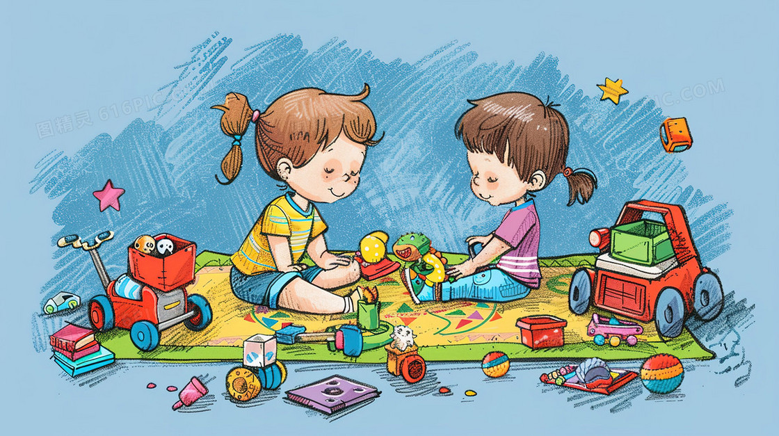 坐地上玩玩具的儿童插画