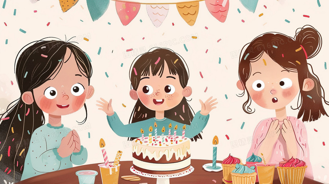 儿童小女孩过生日插画