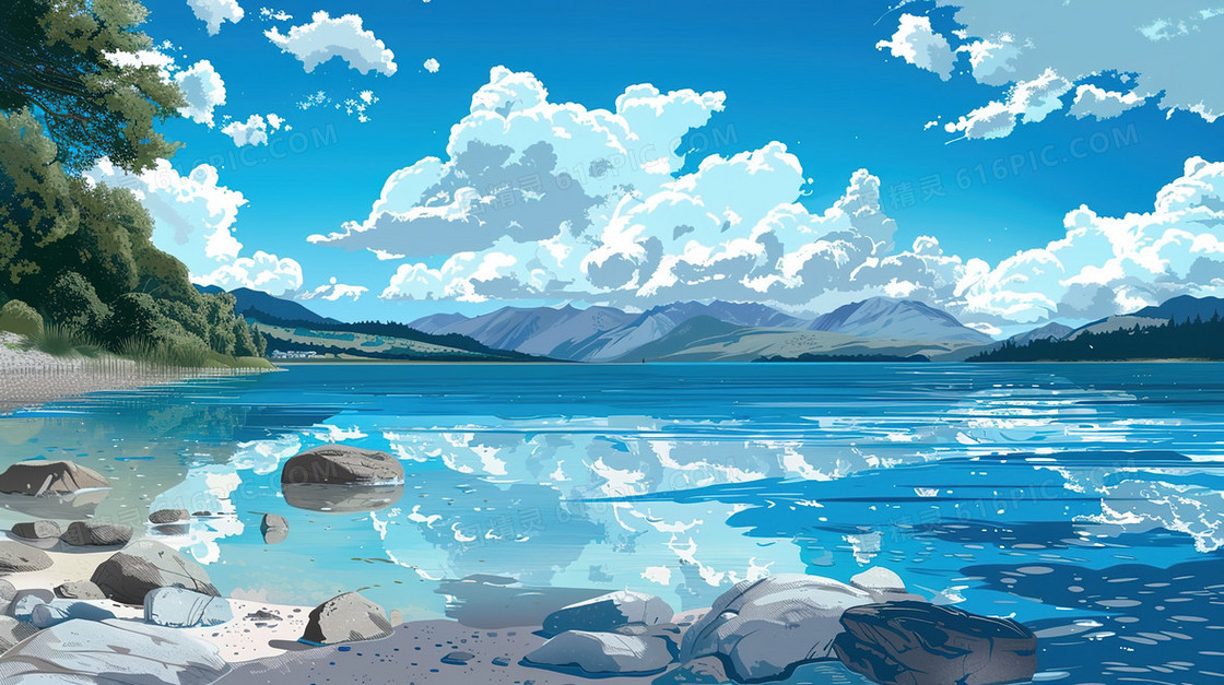 唯美湖边水面自然风景插画