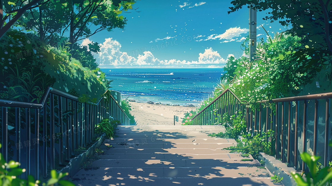 蓝天白云海边台阶风景插画
