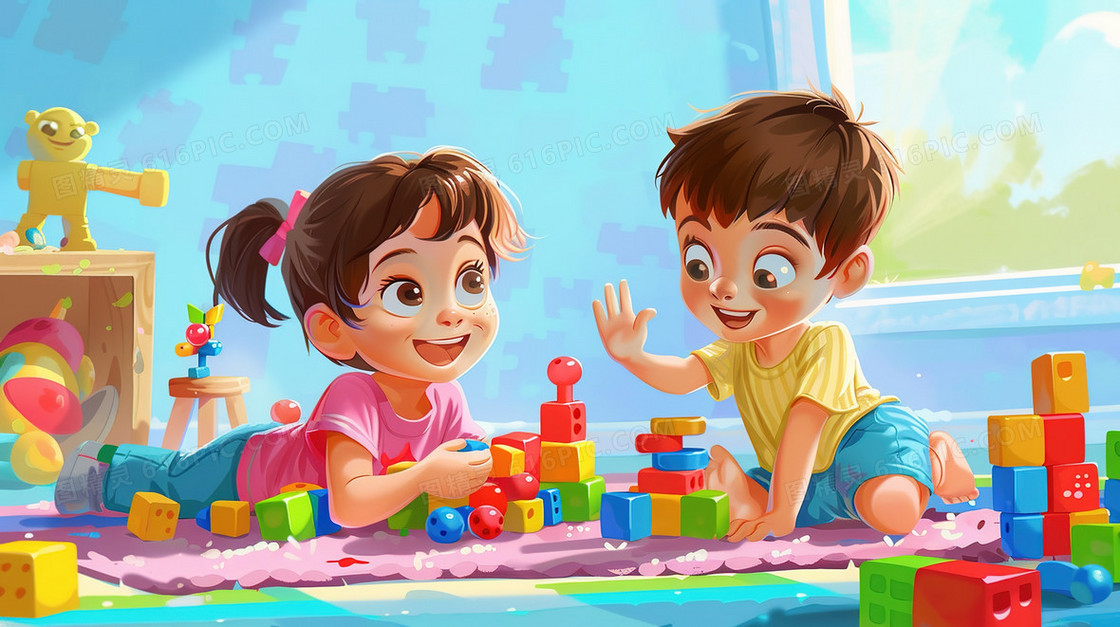 坐地上玩玩具的儿童插画