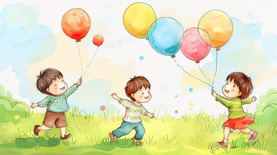 拿着气球在草地玩耍的小孩子插画