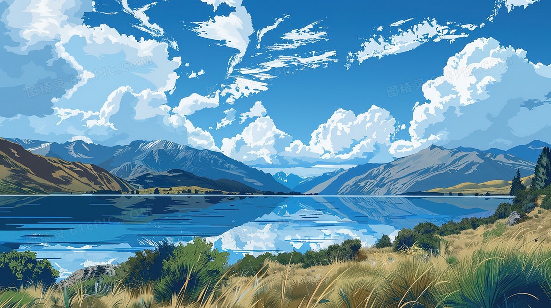 唯美湖边水面自然风景插画