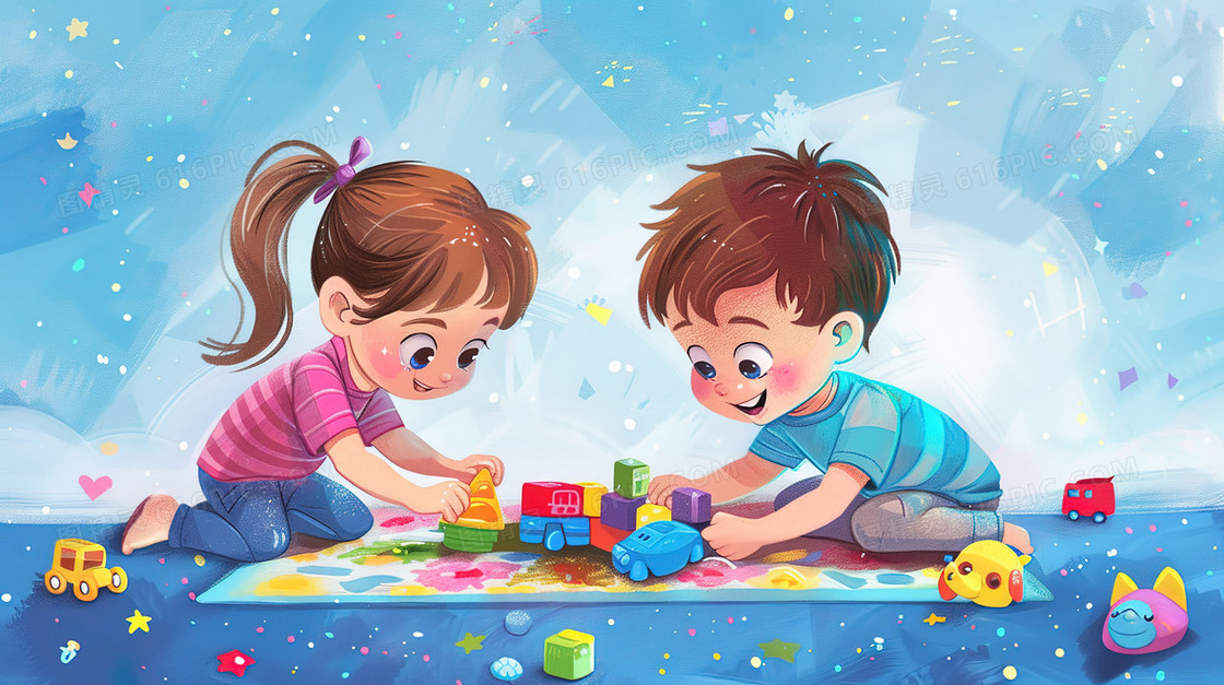 坐地上玩玩具的儿童插画