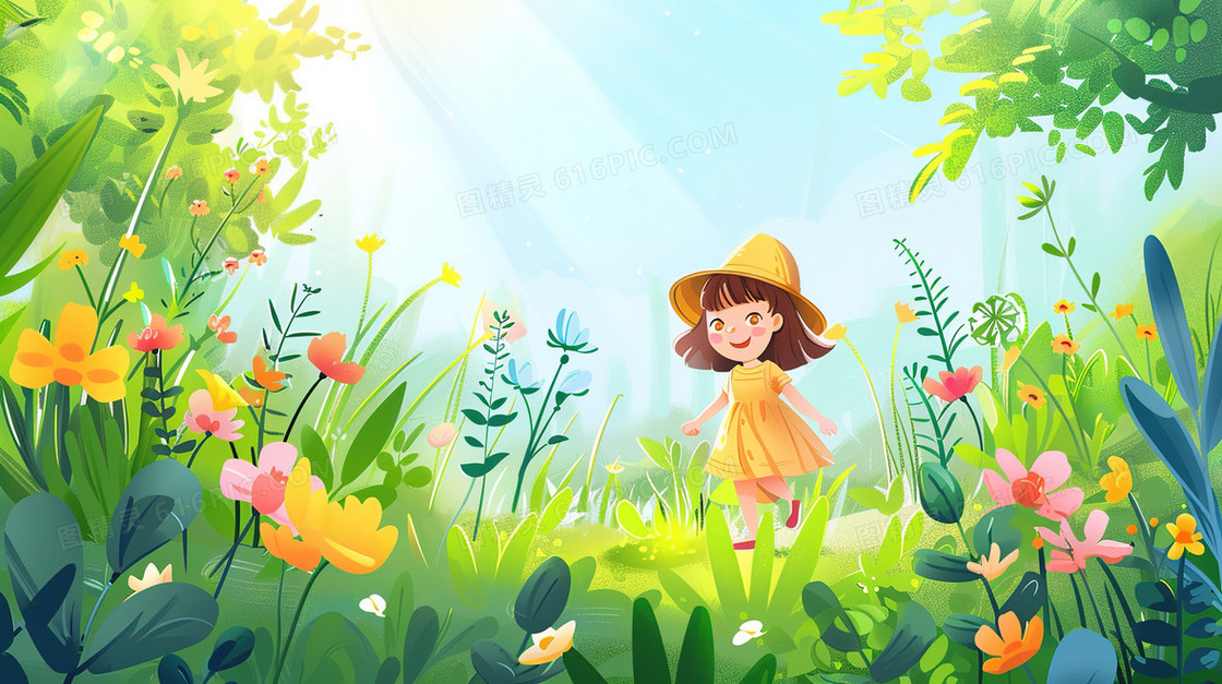 森林草地中的小女孩插画