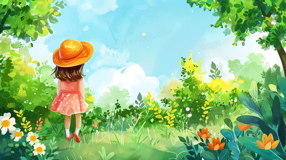森林草地中的小女孩插画