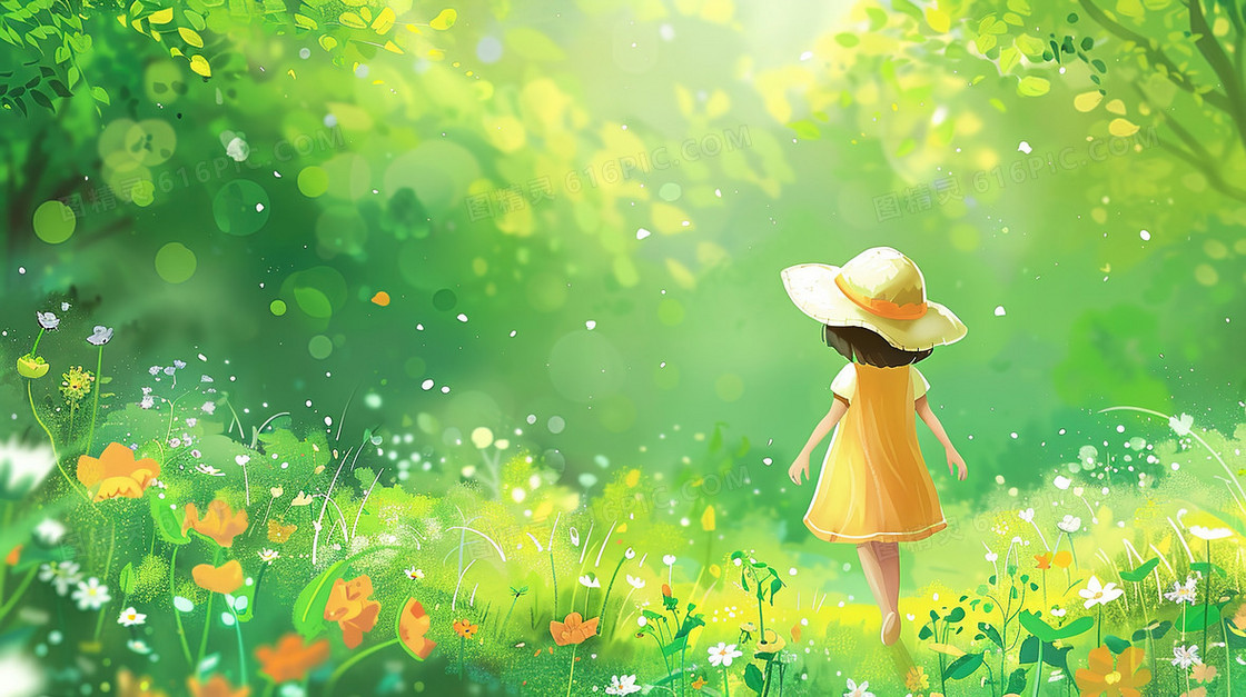 森林草地中的小女孩插画