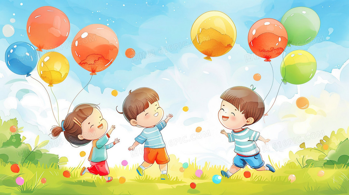 拿着气球在草地玩耍的小孩子插画