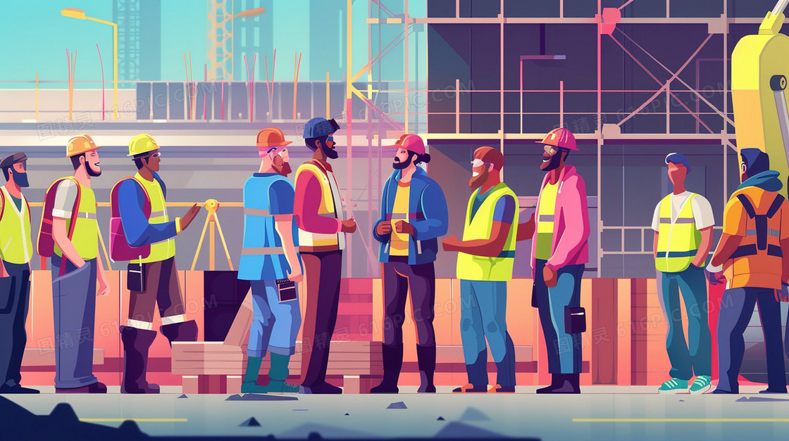 工地上劳动的建筑工人插画