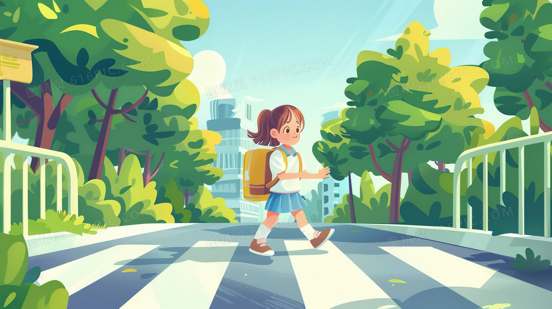 上学过人行横道的小学生插画