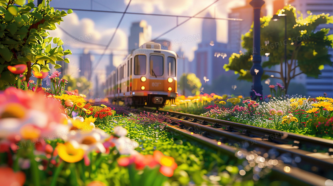 春日花海中行驶的小火车插画