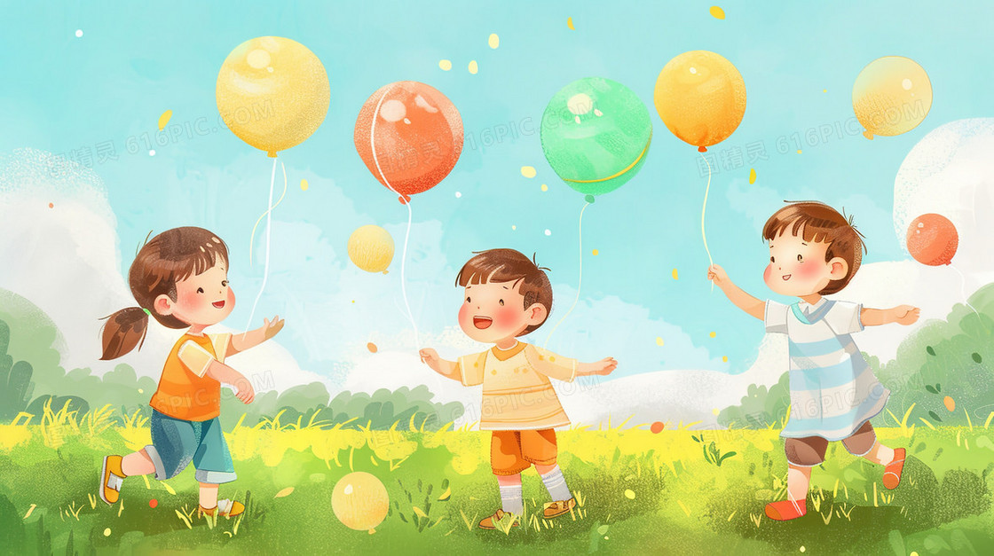 拿着气球在草地玩耍的小孩子插画