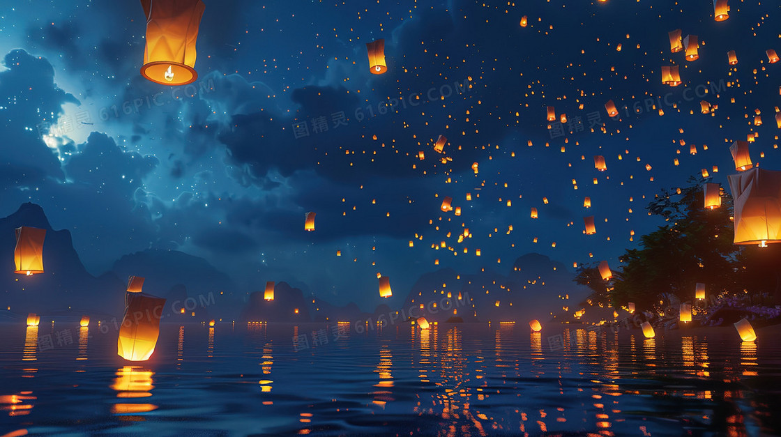 夜晚星空下的孔明灯祈福插画