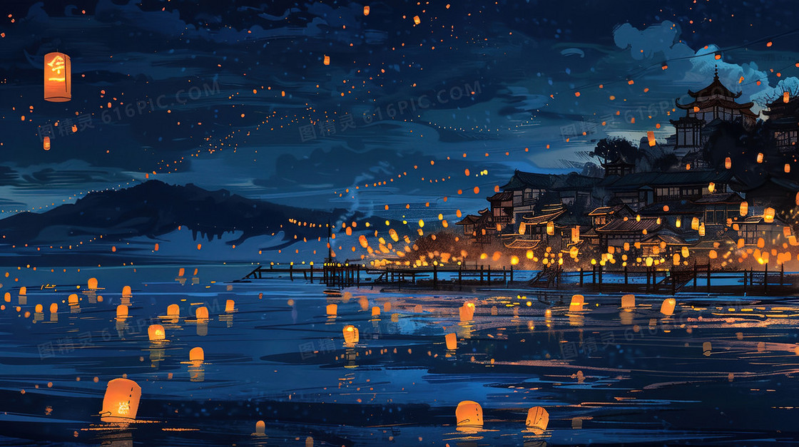 夜晚星空下的孔明灯祈福插画