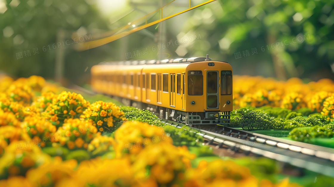 春日花海中行驶的小火车插画