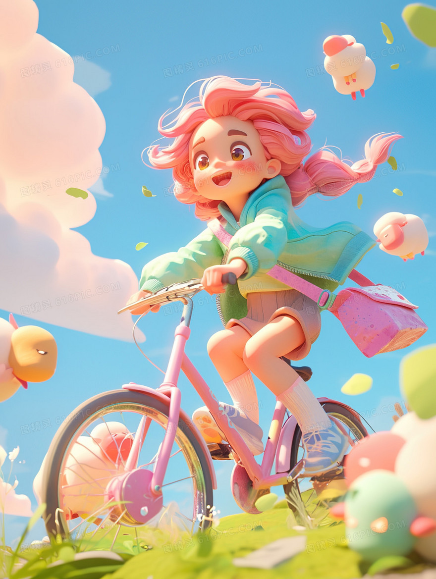 3D草地骑行的女孩子插画