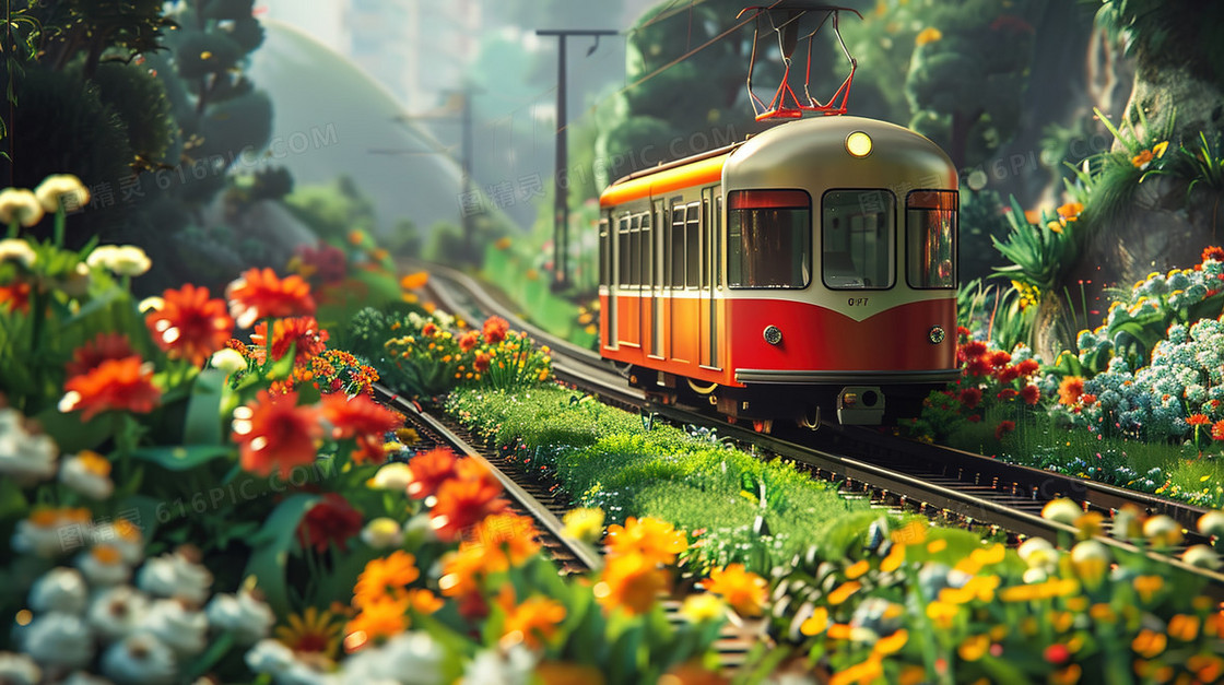 春日花海中行驶的小火车插画