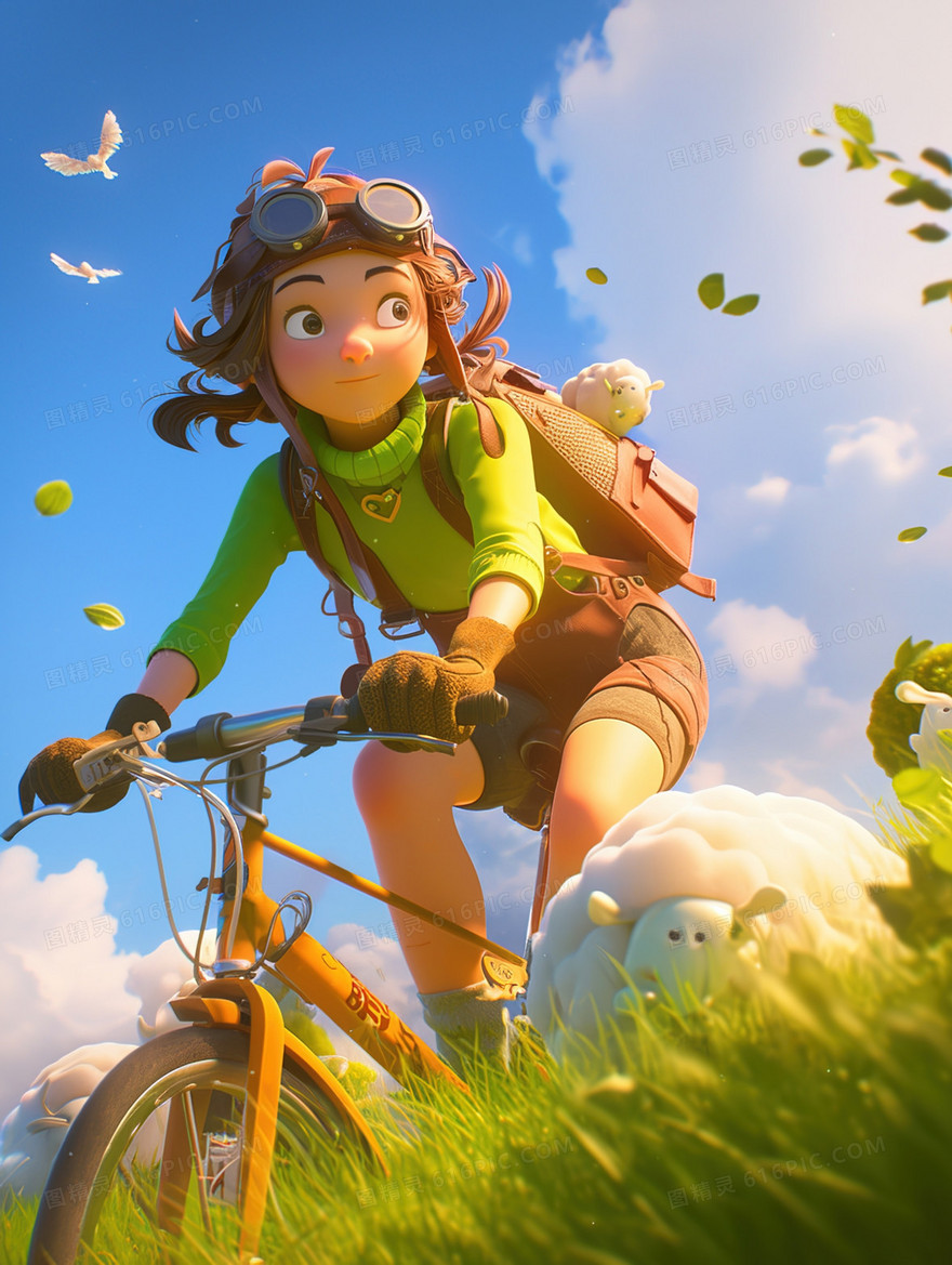3D草地骑行的女孩子插画