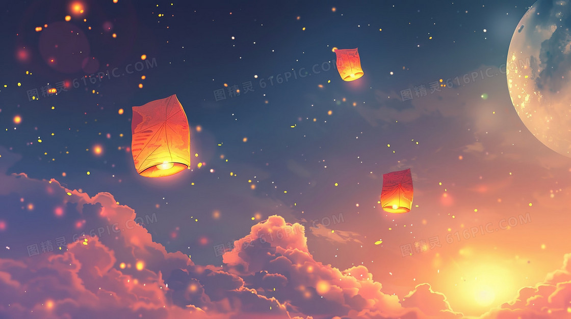 夜晚星空下的孔明灯祈福插画