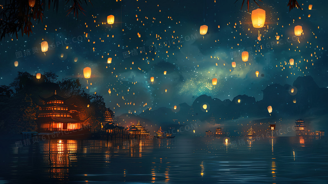 夜晚星空下的孔明灯祈福插画